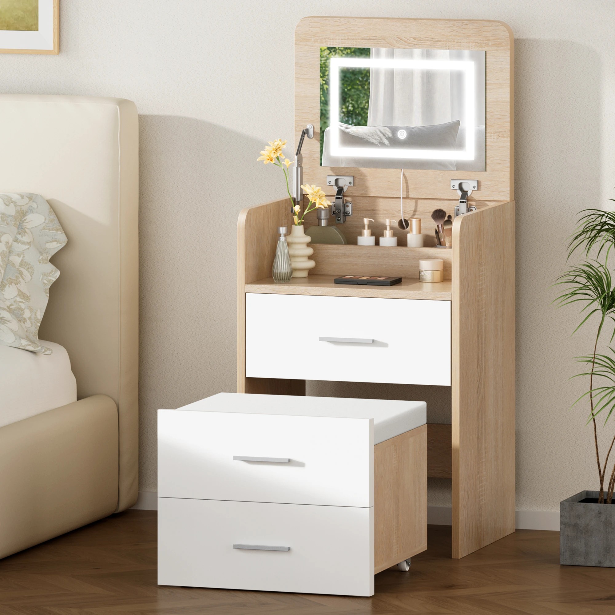 2 Alfordson Dressing Table Stool Set 3-In-1 Makeup Mirror Vanity Desk - Natural, 2 of 10
