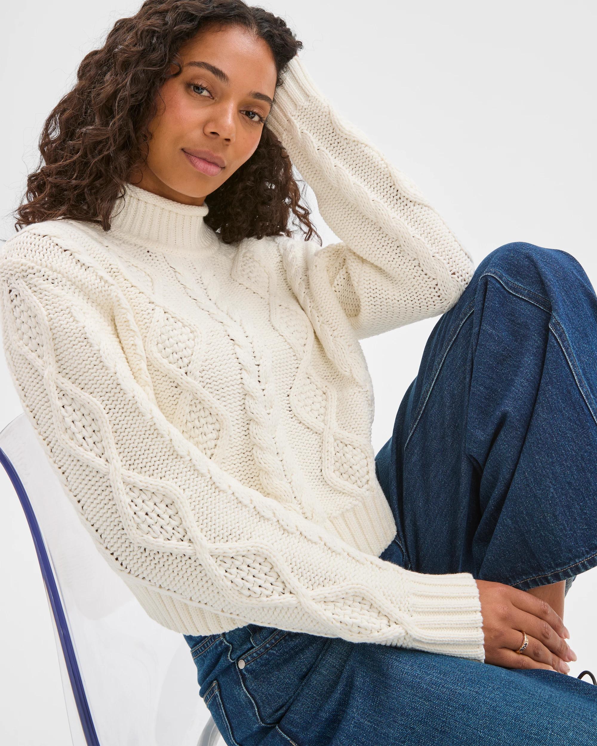 1 Target Woman Australian Cotton Blend Roll Neck Cable Knit Jumper CLOUD DANCER, 1 of 7