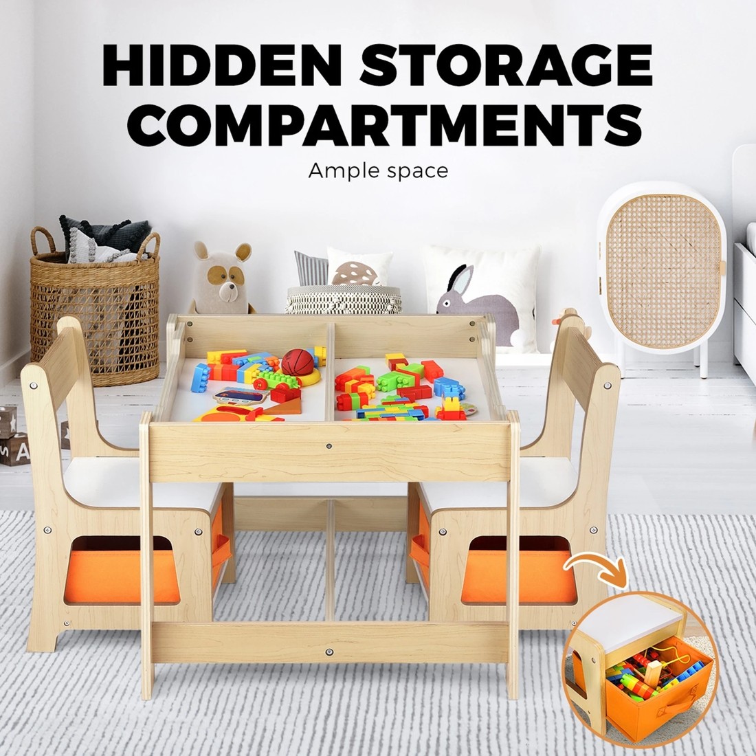 7 Oikiture Kids Table And Chairs Set Activity Play Study Desk Toys Storage Box
 - Natural, 7 of 10