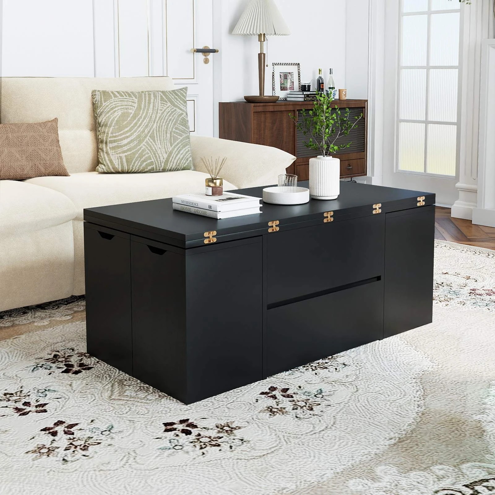 3 Costway Lift Top Coffee Table w/4 Storage Stool 3-in-1 Expandable Center Table, 3 of 4