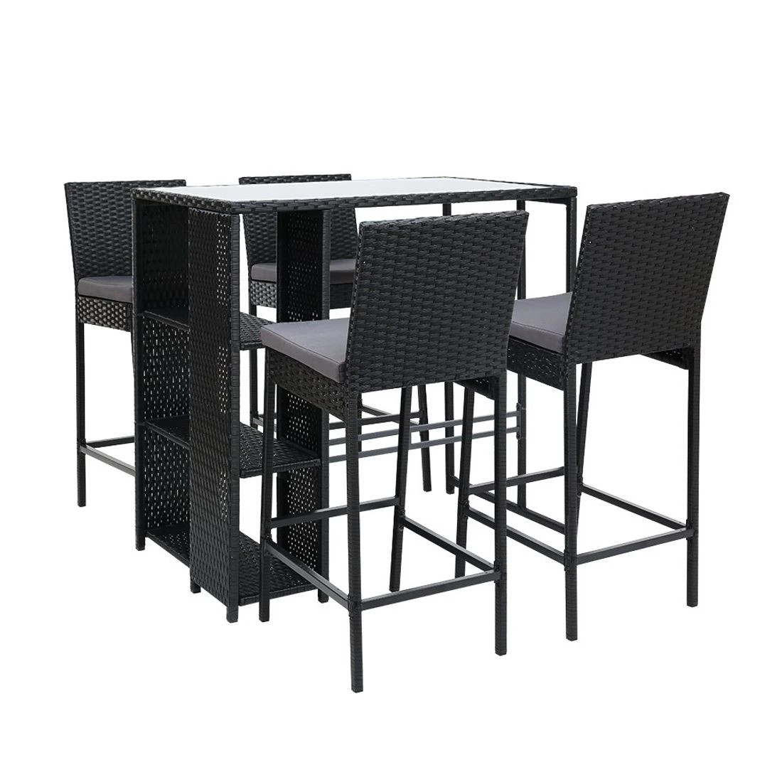 1 Gardeon 5-Piece Outdoor Bar Set Patio Dining Chairs Wicker Table Stools - Black, 1 of 6