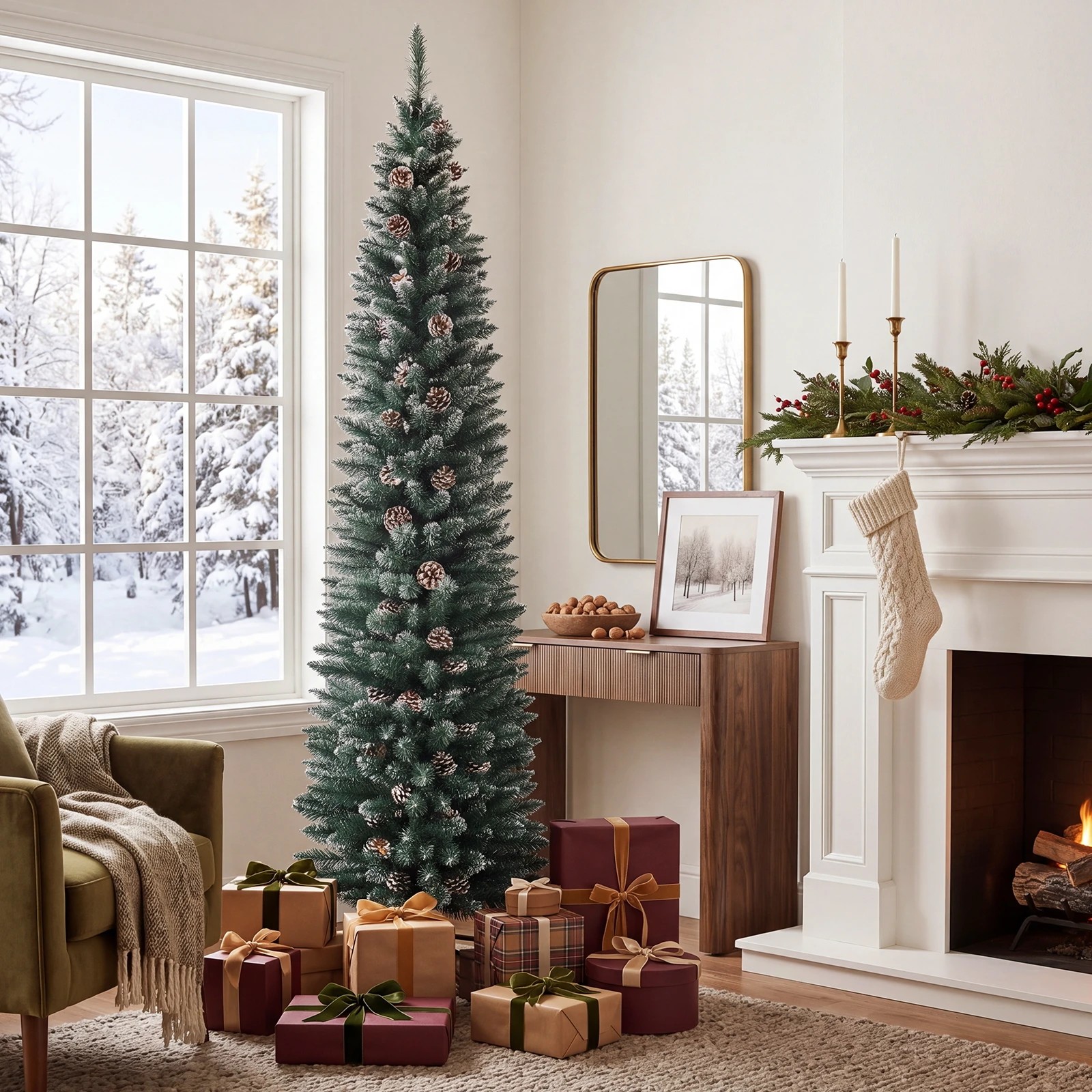 3 Costway 2.1M/7FT Artificial Christmas Tree w/41 Pine Cones Pencil Xmas Tree, 3 of 8