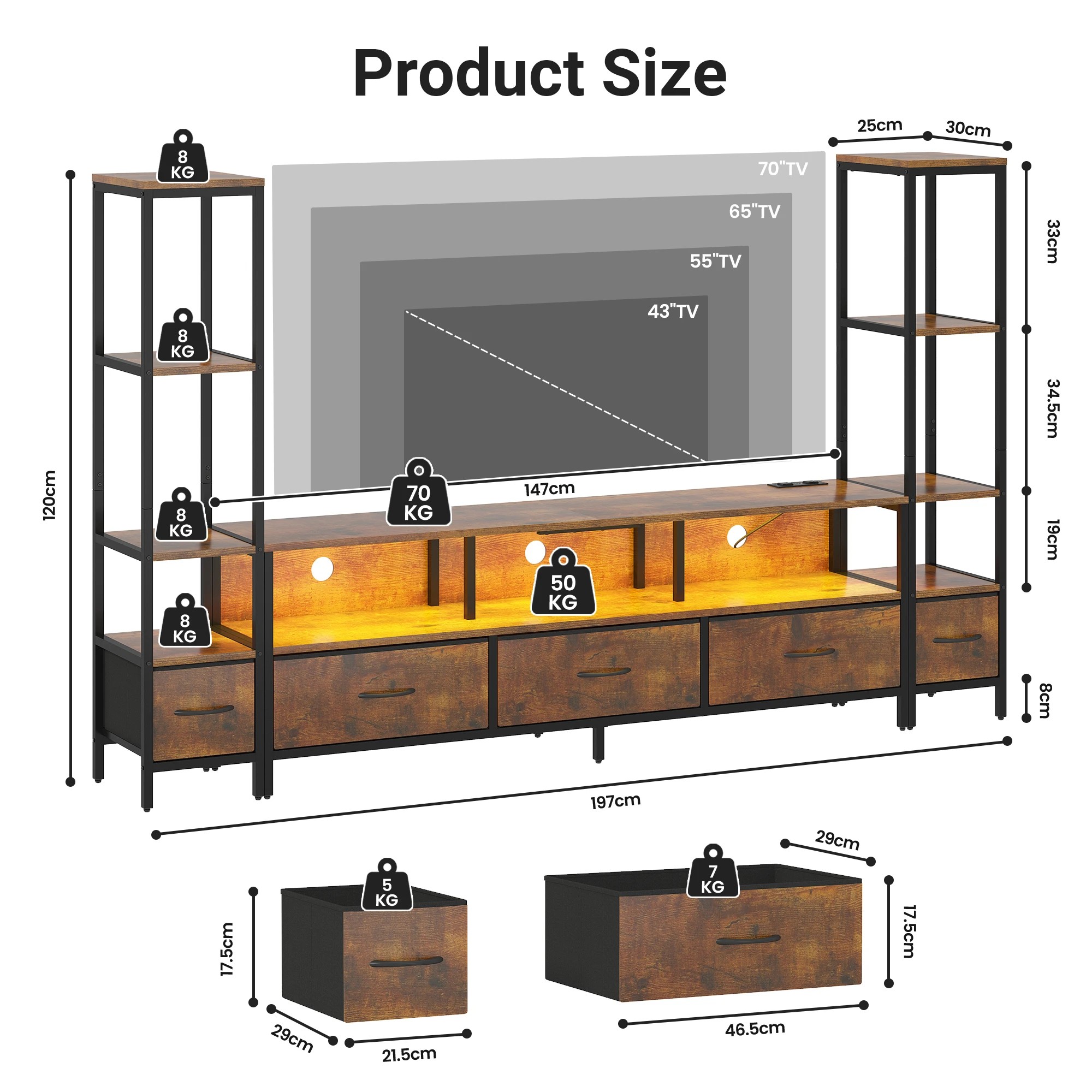 2 Advwin 197cm TV Stand with Bookshelf Entertainment Center with Power Outlet & LED Lights - Brown, 2 of 7