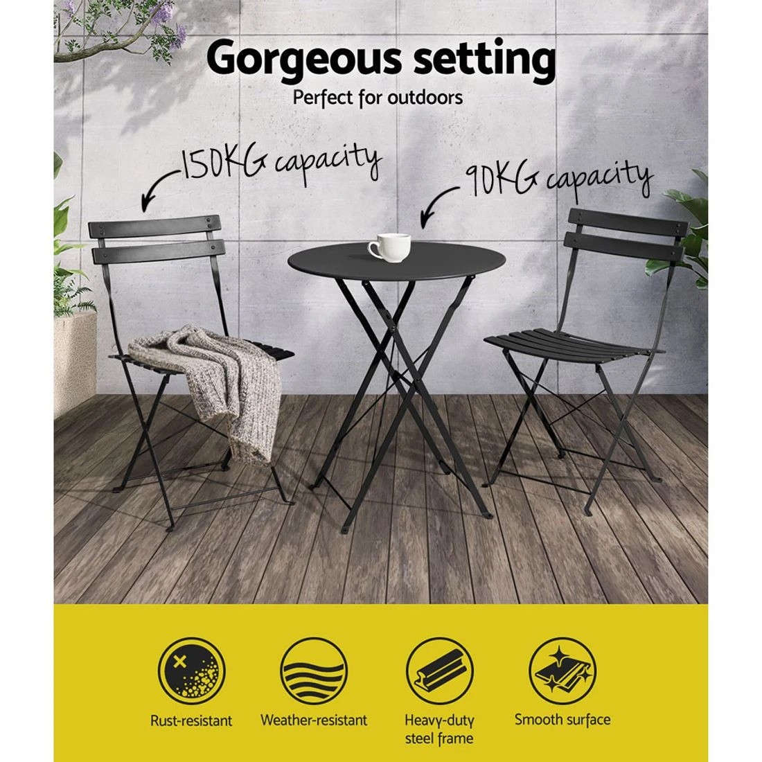 4 Gardeon 3PC Outdoor Bistro Set Steel Table and Chairs Patio Furniture - Black, 4 of 6