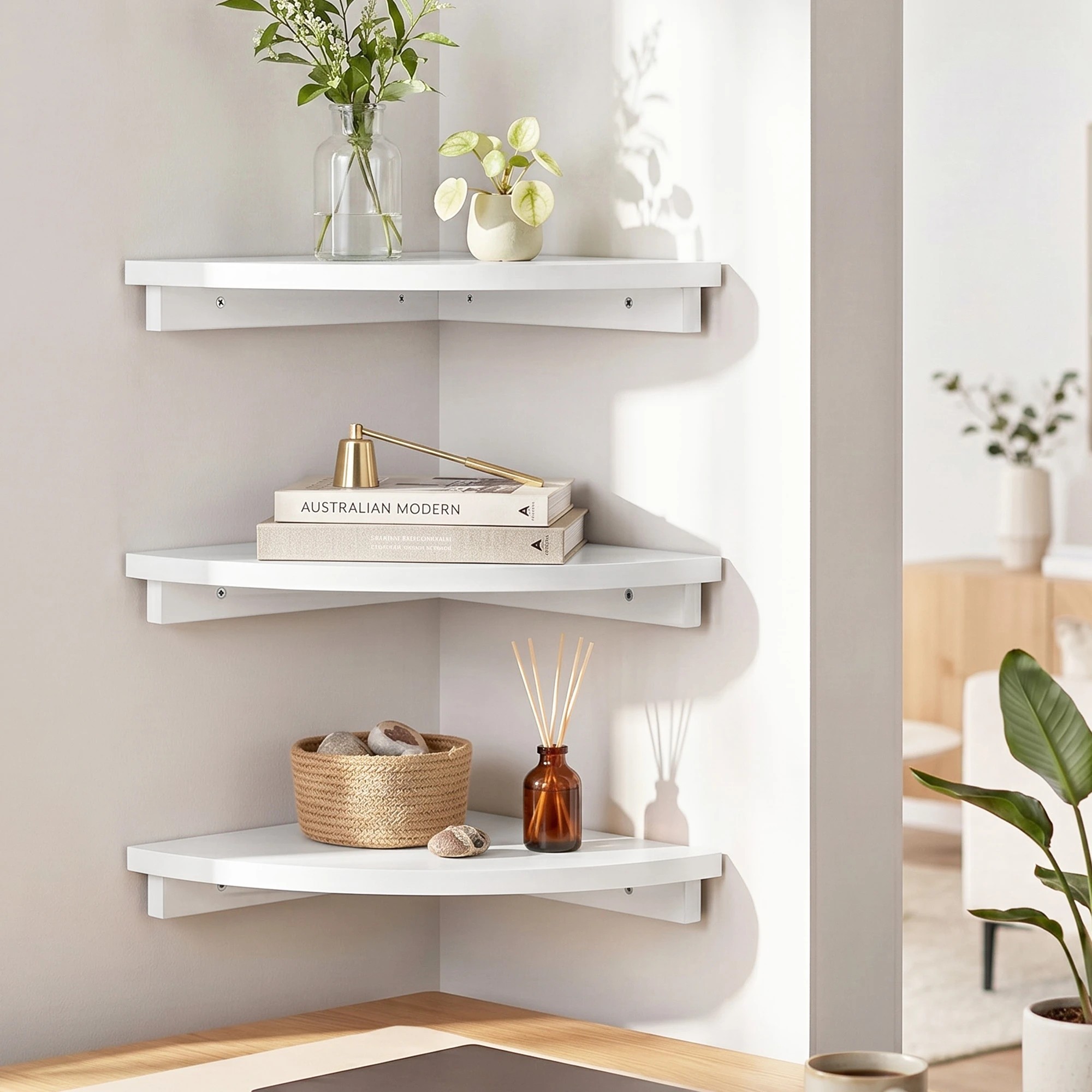 8 Artiss 3pc Corner Floating Wall Shelf Wall Mounted Display Rack Round Edge - White, 8 of 8