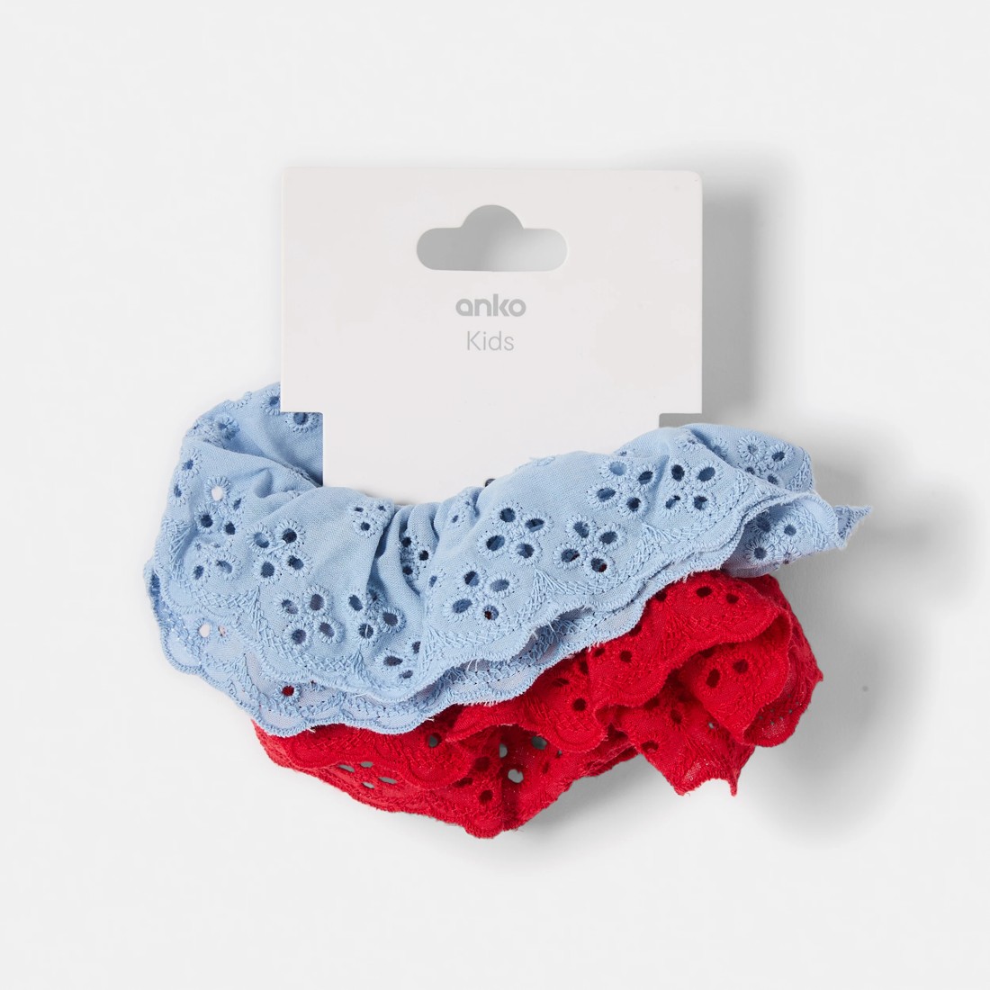 3 2 Pack Broderie Scrunchies - Blue and Red, 3 of 3