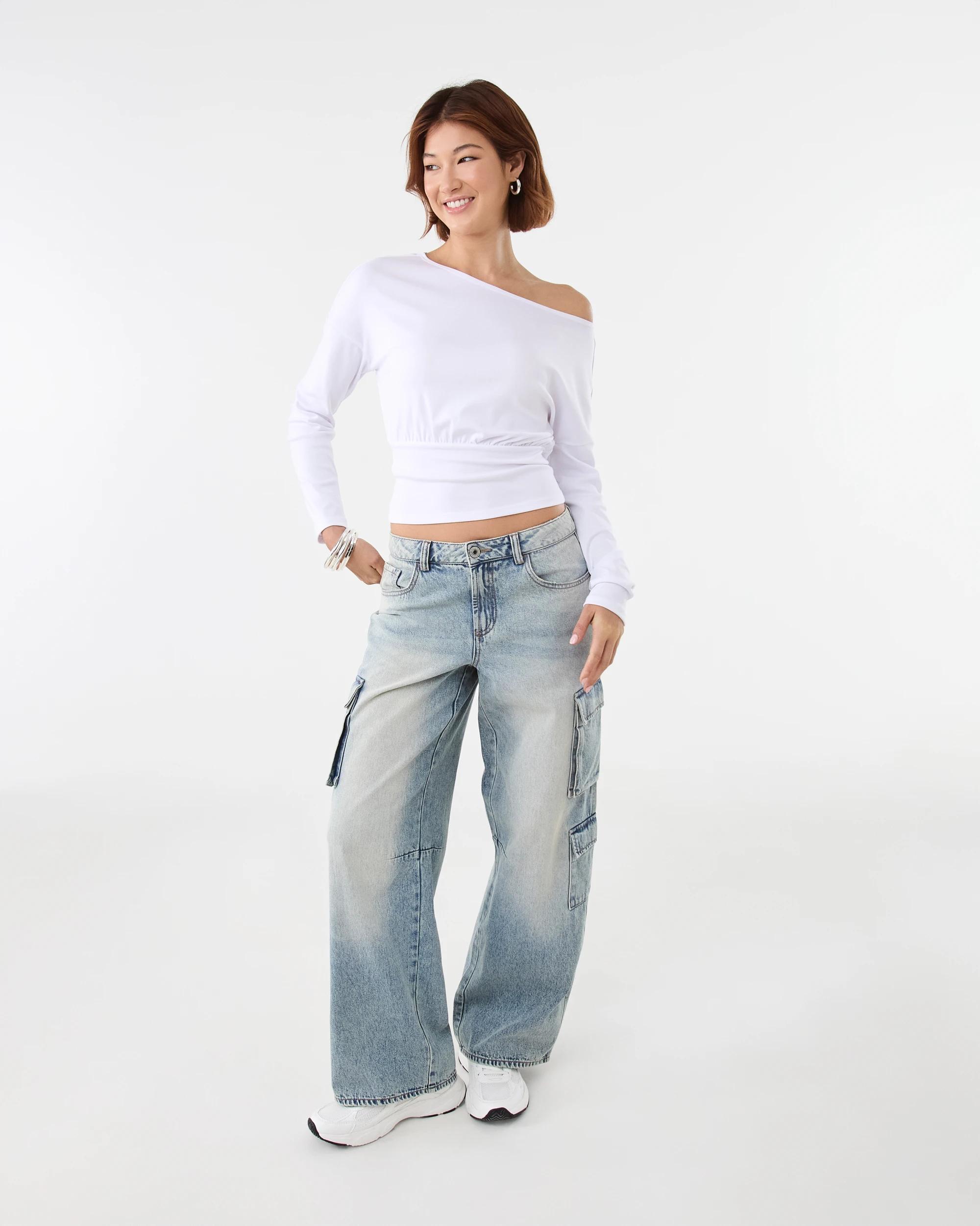 2 Long Sleeve Off the Shoulder Top White, 2 of 7