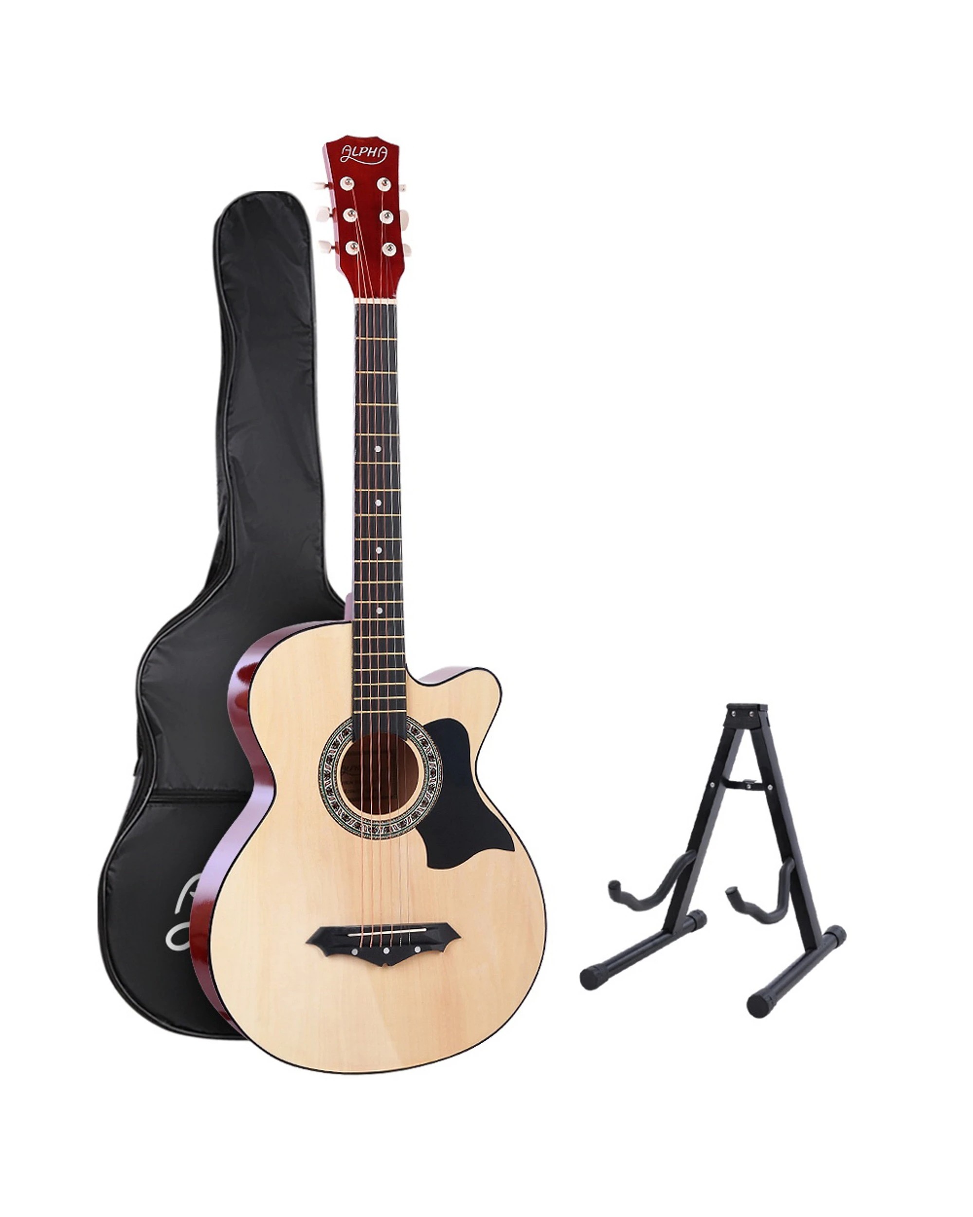 1 Alpha 38 Inch Acoustic Guitar Wooden Body Steel String Full Size w/ Stand Wood - Multi, 1 of 7