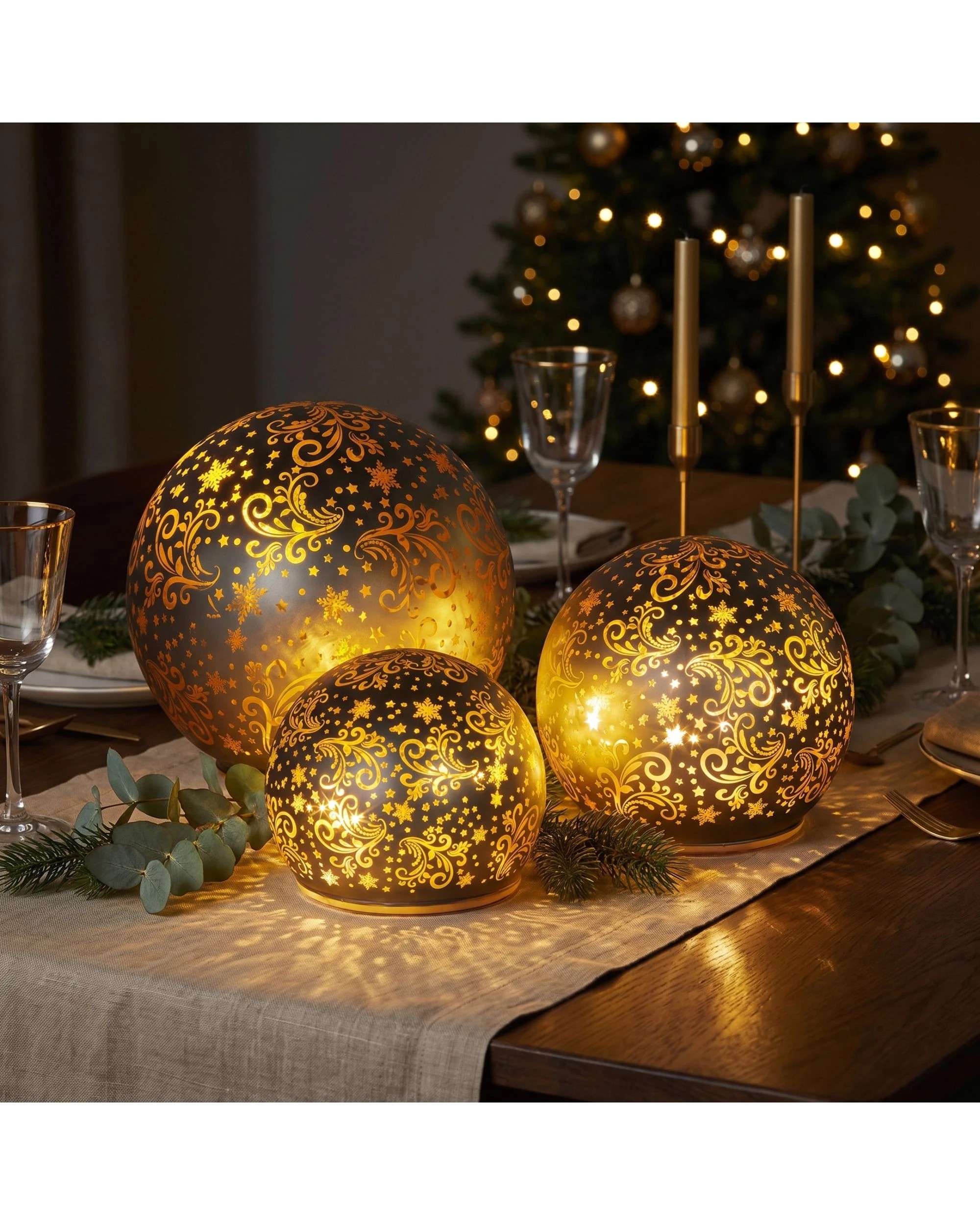 5 Christabelle 3-Piece Silver Glass Christmas LED Spheres with Gold Scrollwork - Gold, 5 of 6