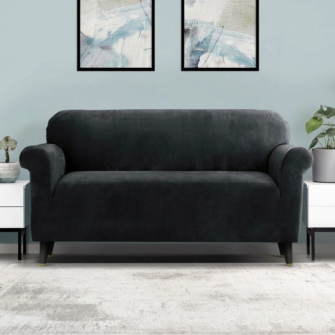 6 Artiss Sofa Cover Couch Covers 3 Seater Velvet - Black, 6 of 6