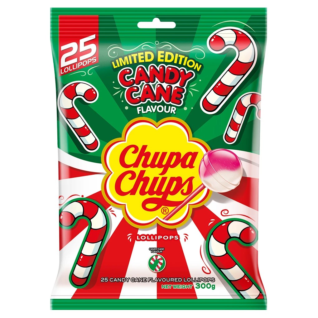 1 Chupa Chups 25 Pack Limited Edition Candy Cane Flavour Lollipops 300g, 1 of 2