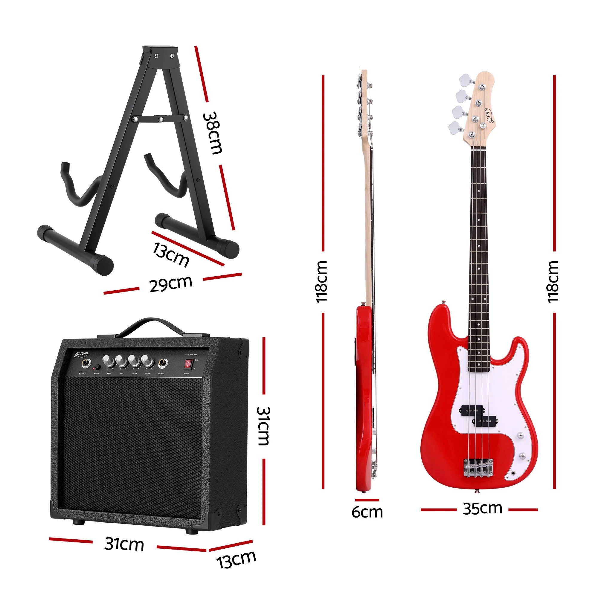 2 Alpha Electric Guitar Bass 47 Inch Set Kit 40W Bass Guitar Amplifier Guitar Stand Folding - Multi, 2 of 9