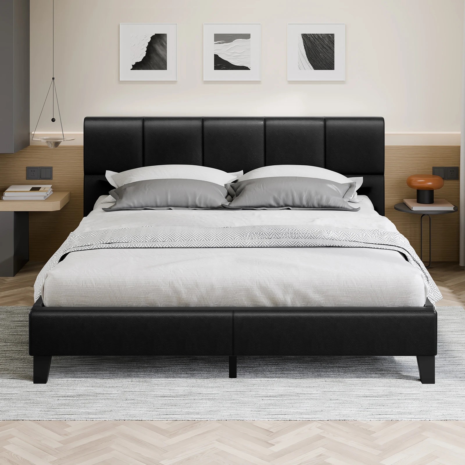 3 Alfordson Bed Frame King Size Wooden Platform Mattress Base Leather - Black, 3 of 10