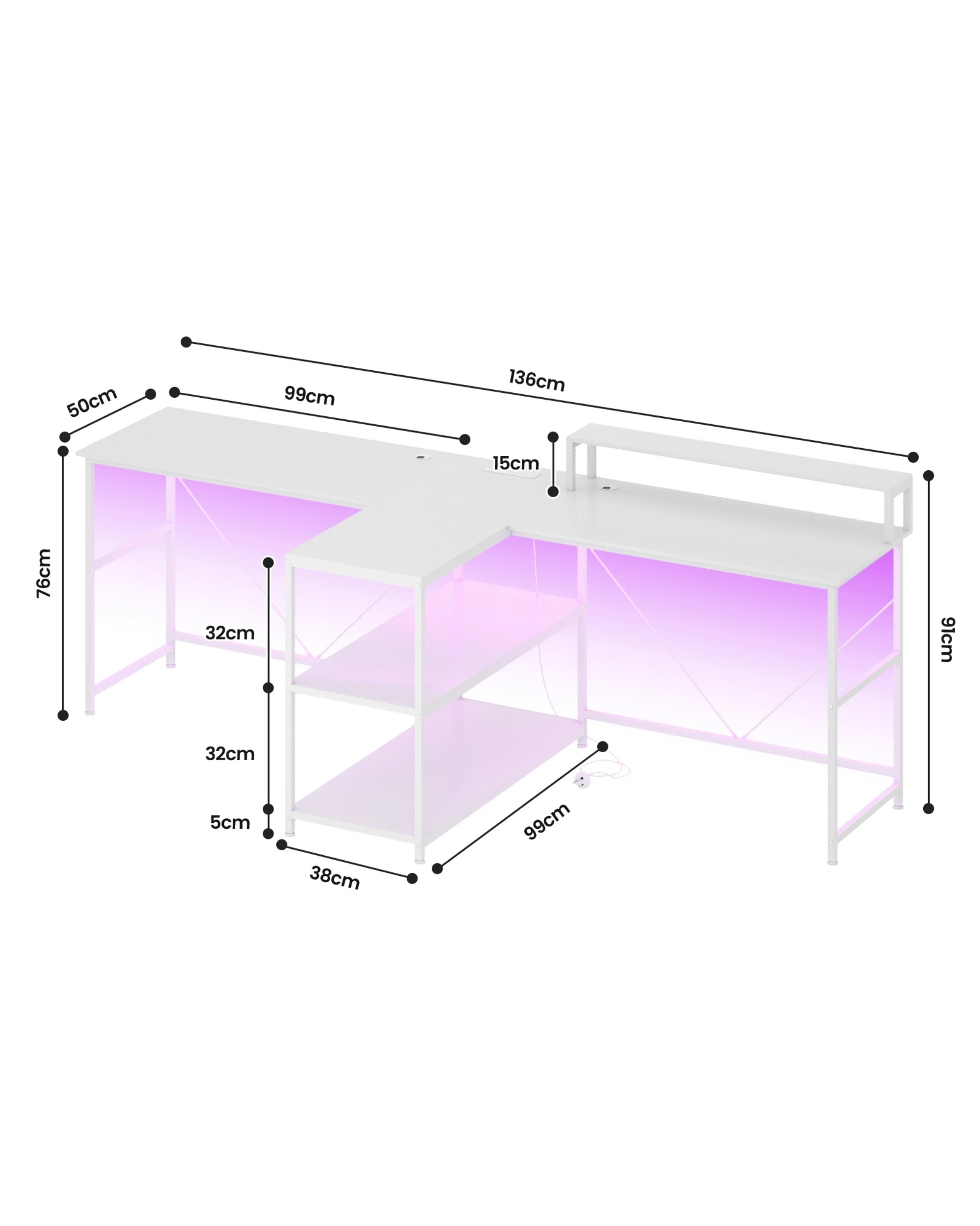 5 Advwin 236cm 2 Person LED Gaming  Computer Desks w/ Power Outlets  - White, 5 of 10