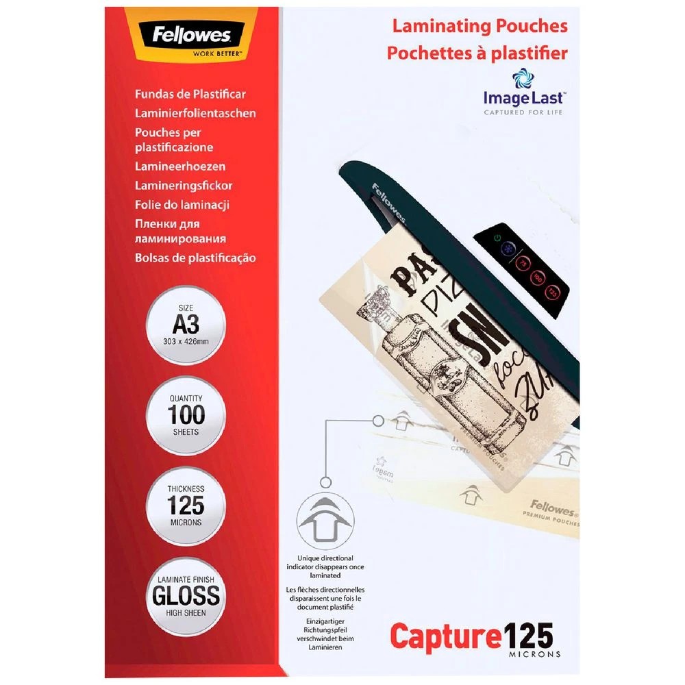 1 Fellowes A3 125 Micron Laminating Pouch Gloss 100 Pack, 1 of 4