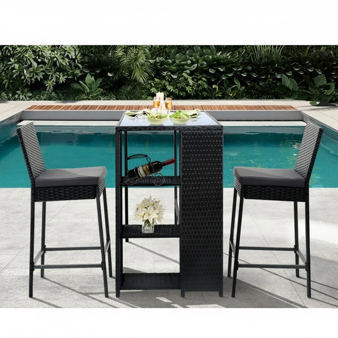 3 Gardeon 3-Piece Outdoor Bar Set Patio Dining Chairs Wicker Table Stools - Black, 3 of 5