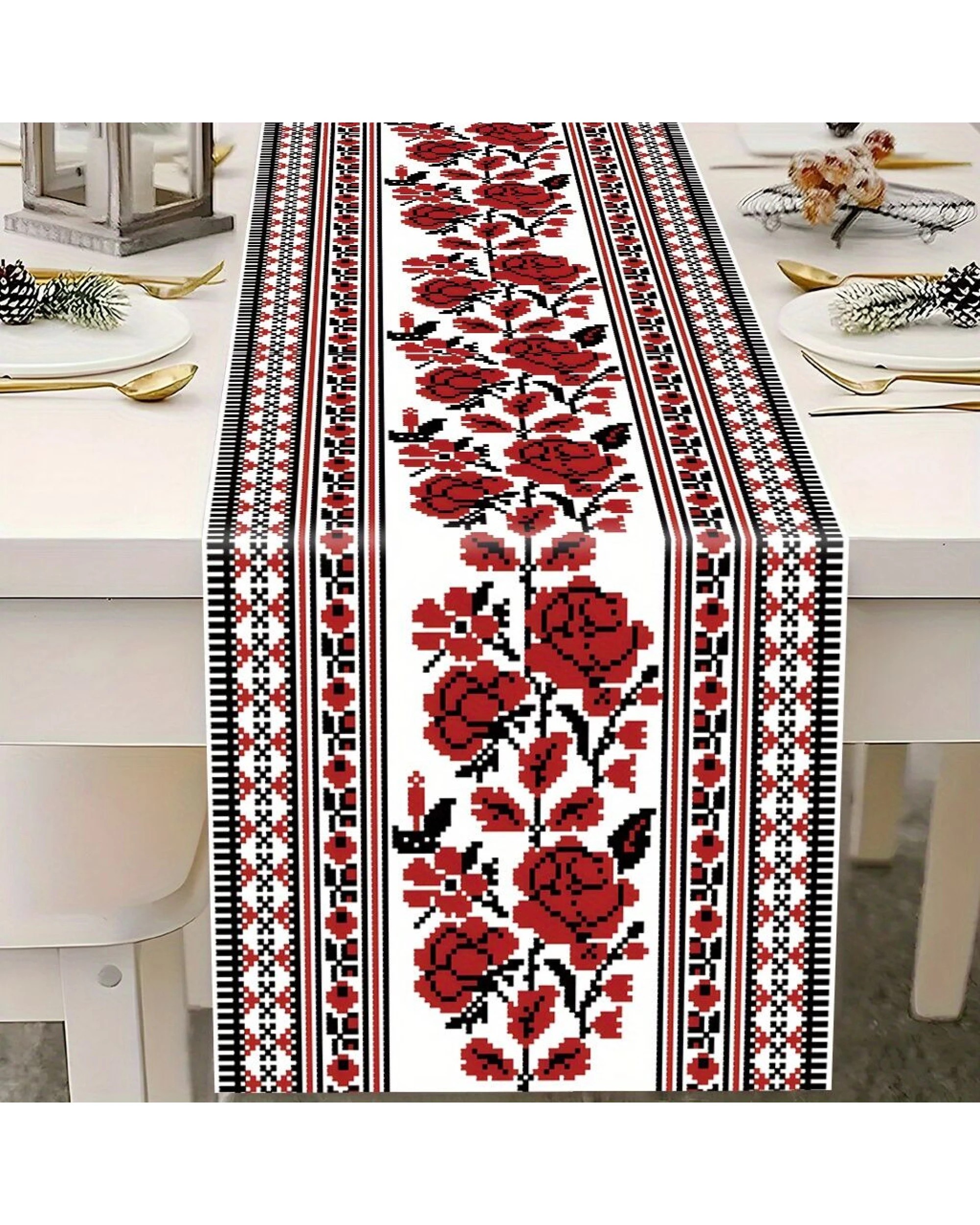 2 BR Home Ukrainian Table Runner – Folk Traditional Print in White, Black & Red (180x35cm), 2 of 7