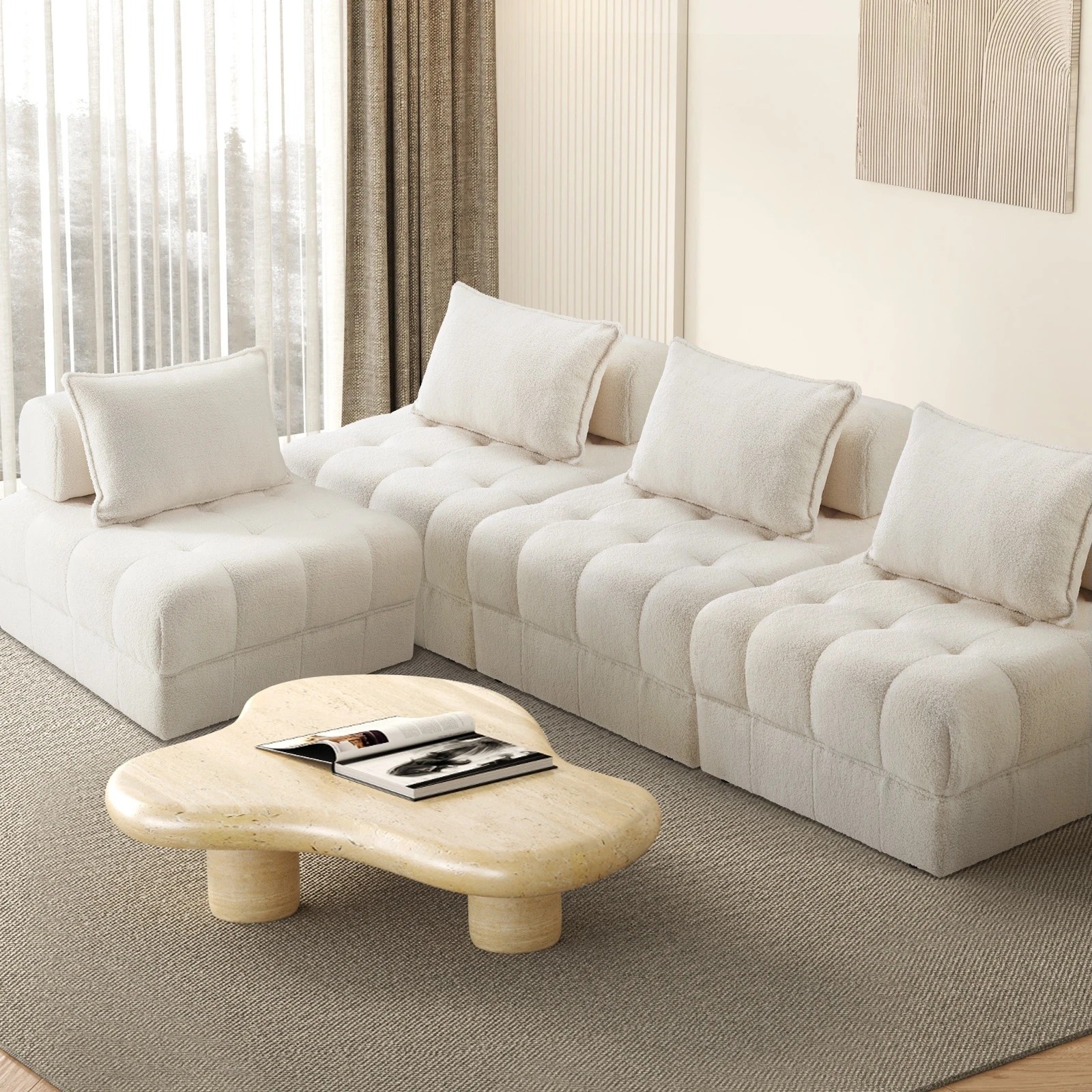 9 Oikiture 4 Seater Boucle Modular Sofa Lounge Chair Armless Tofu Back
 - White - White, 9 of 10