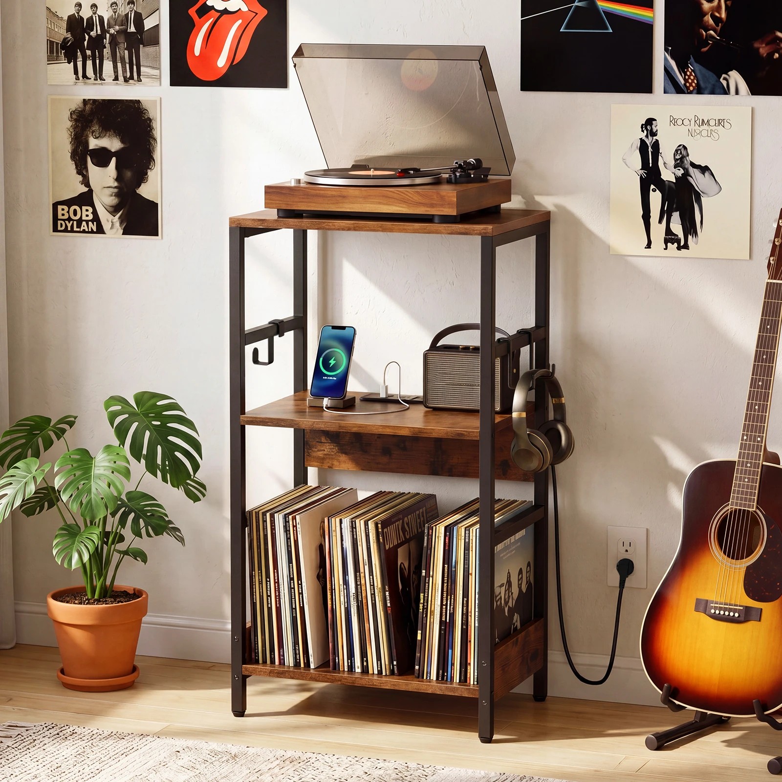 3 Costway 3-Tier Record Player Stand w/Charging Station Vinyl Storage Holder, 3 of 7
