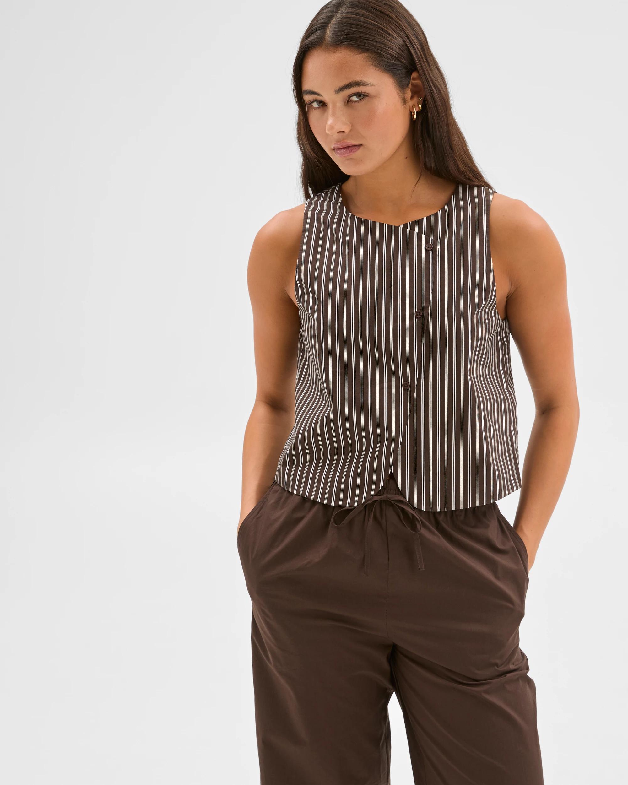 2 Australian Cotton Asymmetrical Vest - Lily Loves BROWN/CREAM STRIPE, 2 of 5