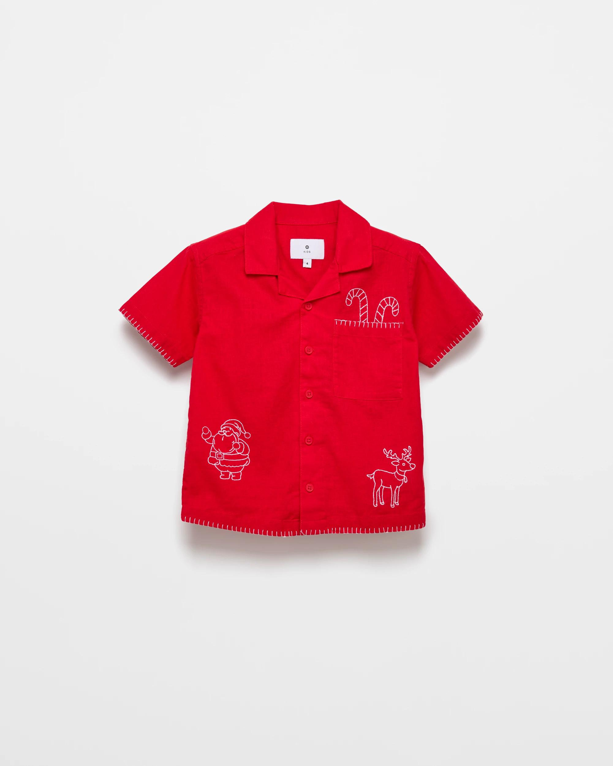 1 Target Cotton Linen Blend Christmas Embroidered Shirt RED, 1 of 2