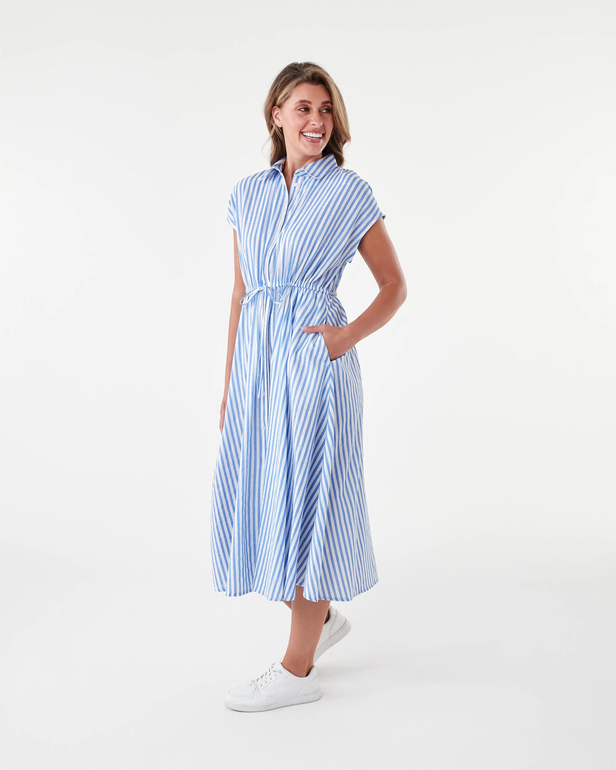 2 Short Sleeve Tie Waist Midi Shirt Dress Blu Strp, 2 of 7