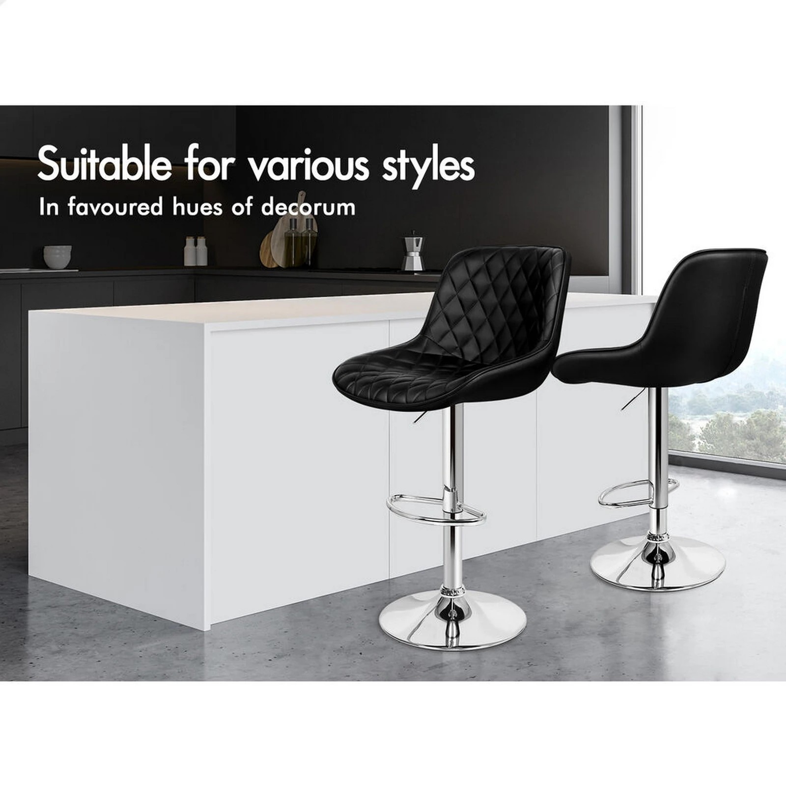 9 Alfordson 2x Bar Stools Gas Lift Leather Bar Chairs Kitchen Swivel - Black, 9 of 10