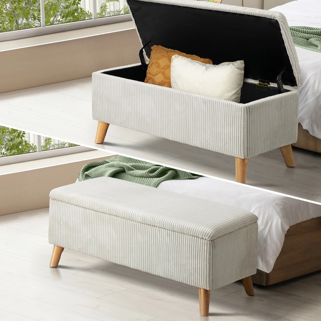 2 Oikiture Storage Ottoman Blanket Box Chest Toy Foot Stool Velvet
 - Beige, 2 of 10