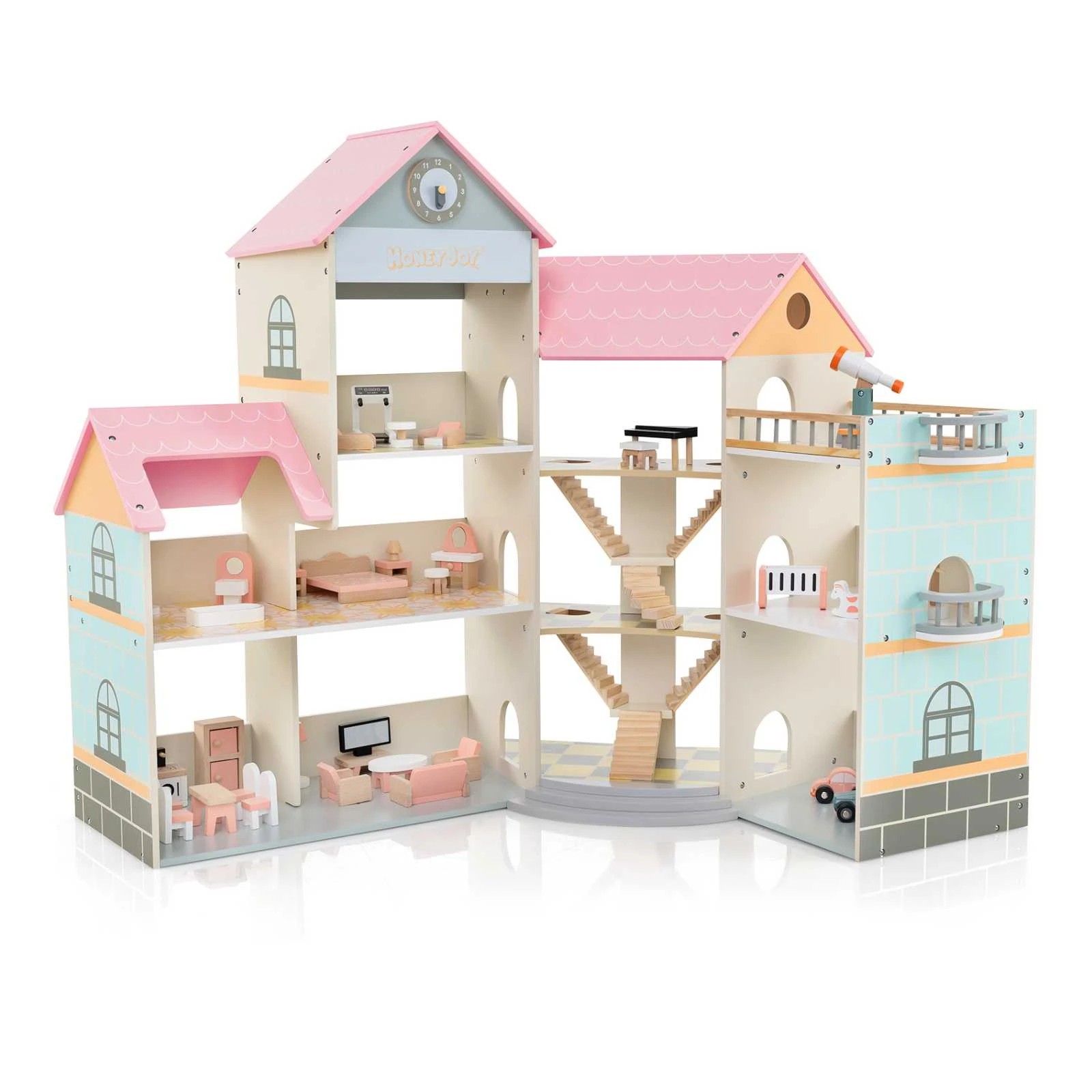 1 Costway Wooden Corner Dollhouse Playset DIY Pretend Dream House - Pink, 1 of 3
