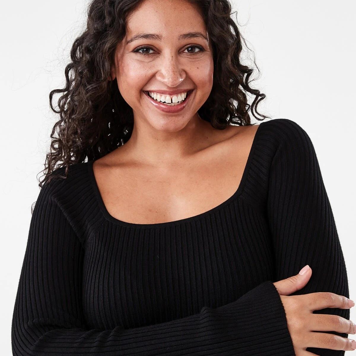 4 Long Sleeve Square Neck Knit Midi Dress Black, 4 of 6