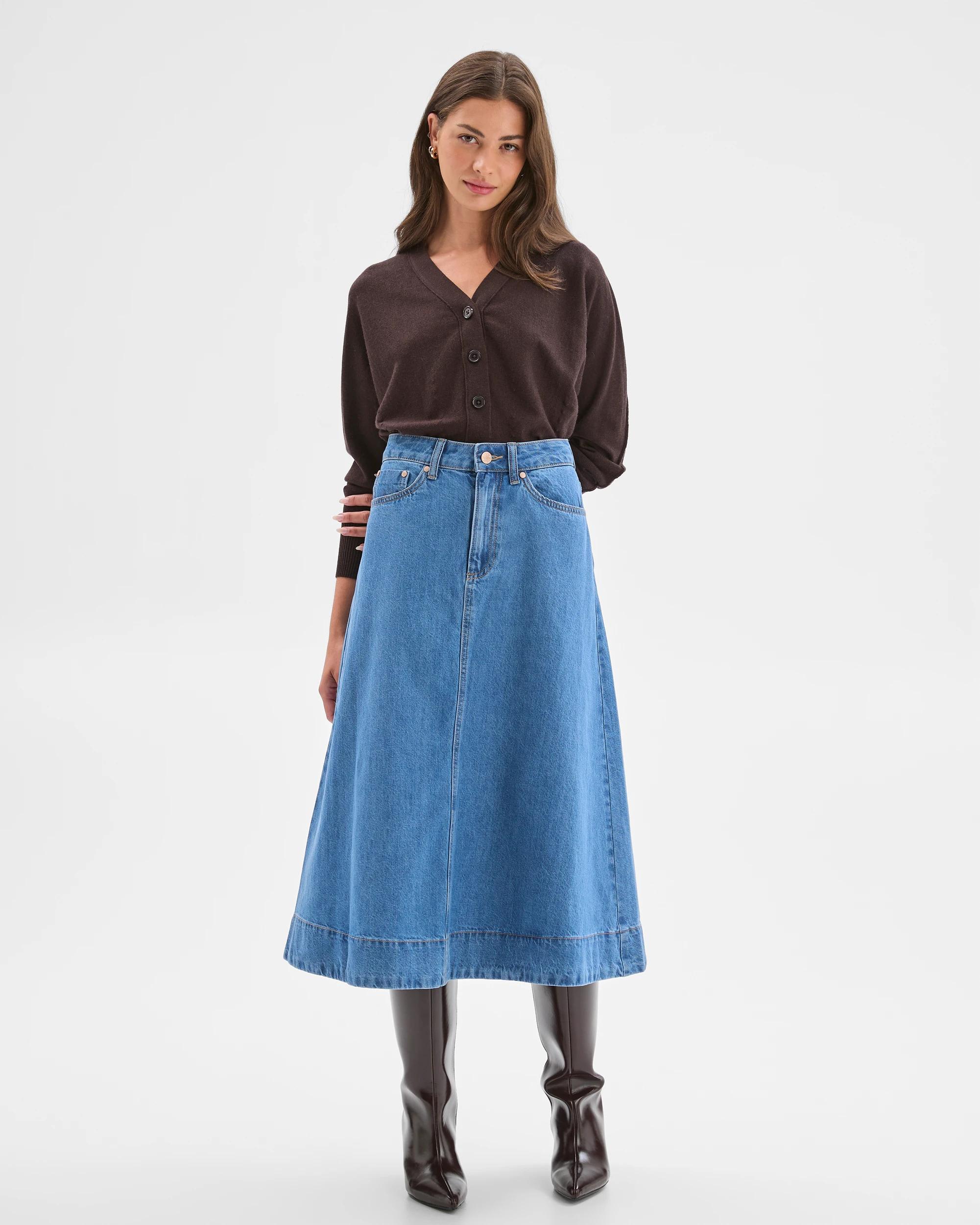 6 Target Petites Petites A-Line Midi Denim Skirt MID WASH, 6 of 8