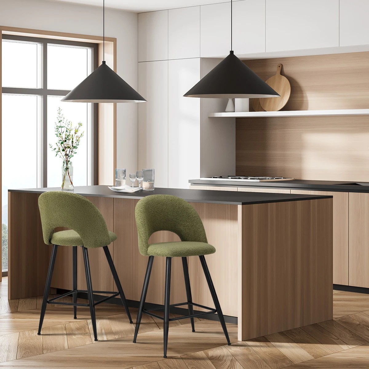 3 Oikiture 2x Bar Stools Kitchen Counter Stool Dining Chairs Boucle Horn
 - Green, 3 of 10