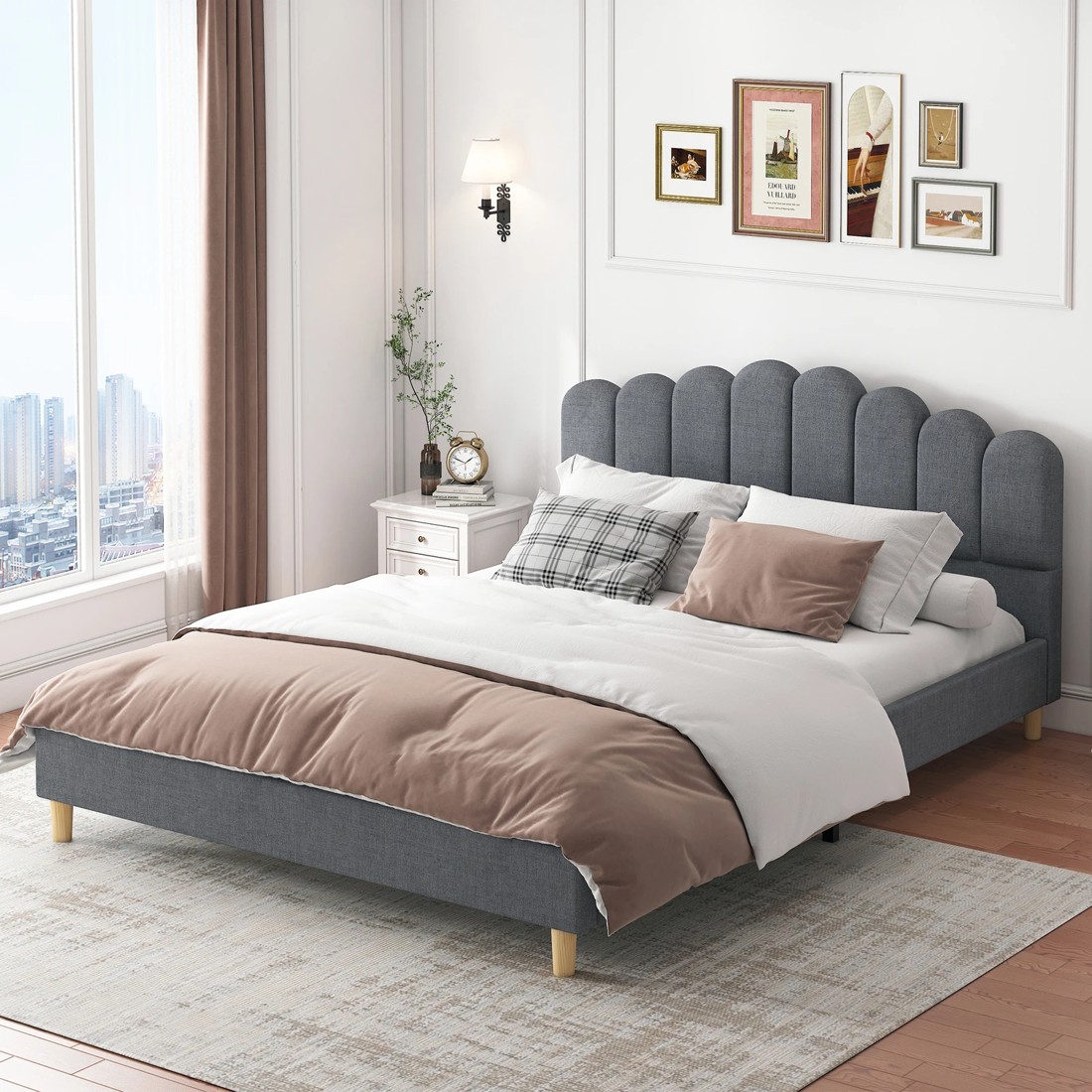 6 Alfordson Bed Frame Double Size Upholstered Platform Base Fabric Tania - Grey, 6 of 10
