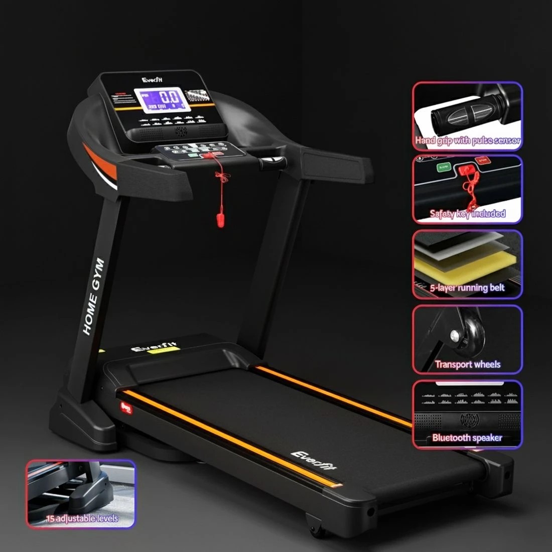 6 Everfit Treadmill Electric Auto Incline Home Gym Fitness Exercise Machine 490mm - Black, 6 of 6