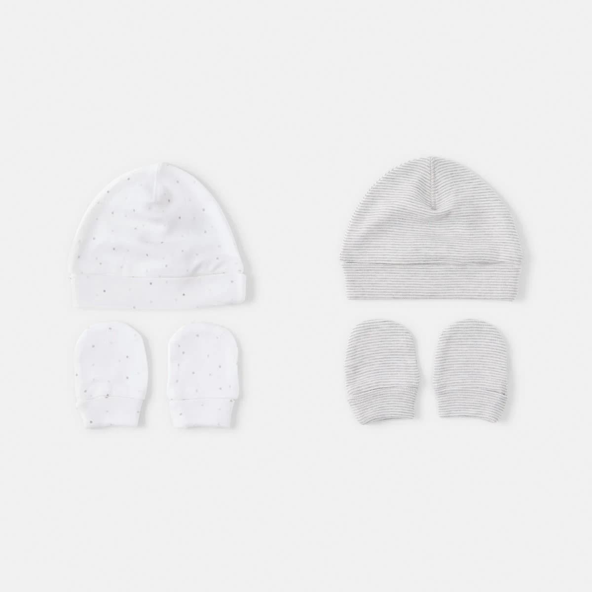 1 2 Pack Newborn Hat and Mittens Set GREY STRIPE AND SPOT, 1 of 8