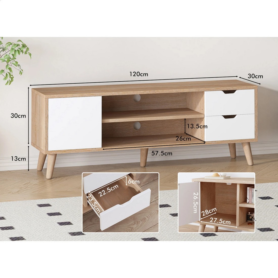 7 Alfordson Entertainment Unit 120cm TV Cabinet Stand Storage Drawer - Oak, 7 of 10