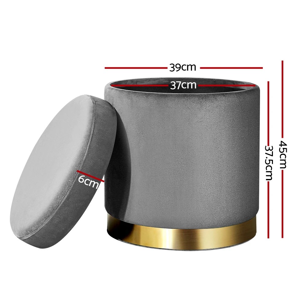 2 Artiss Ottoman Storage Foot Stool Round Velvet Charcoal - Charcoal, 2 of 6