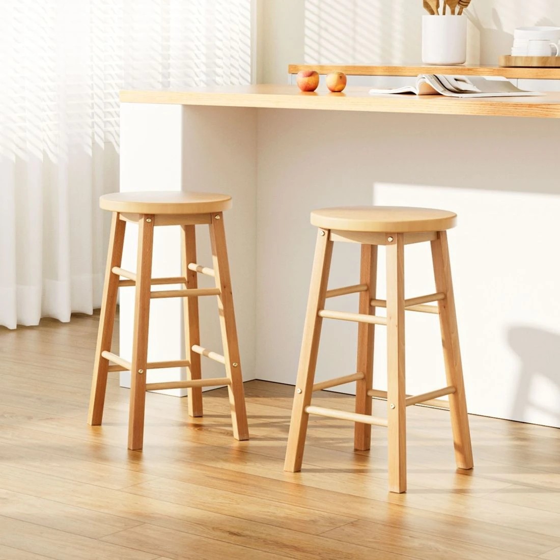 3 Artiss 2x Bar Stools Round Chairs Wooden - Brown, 3 of 10
