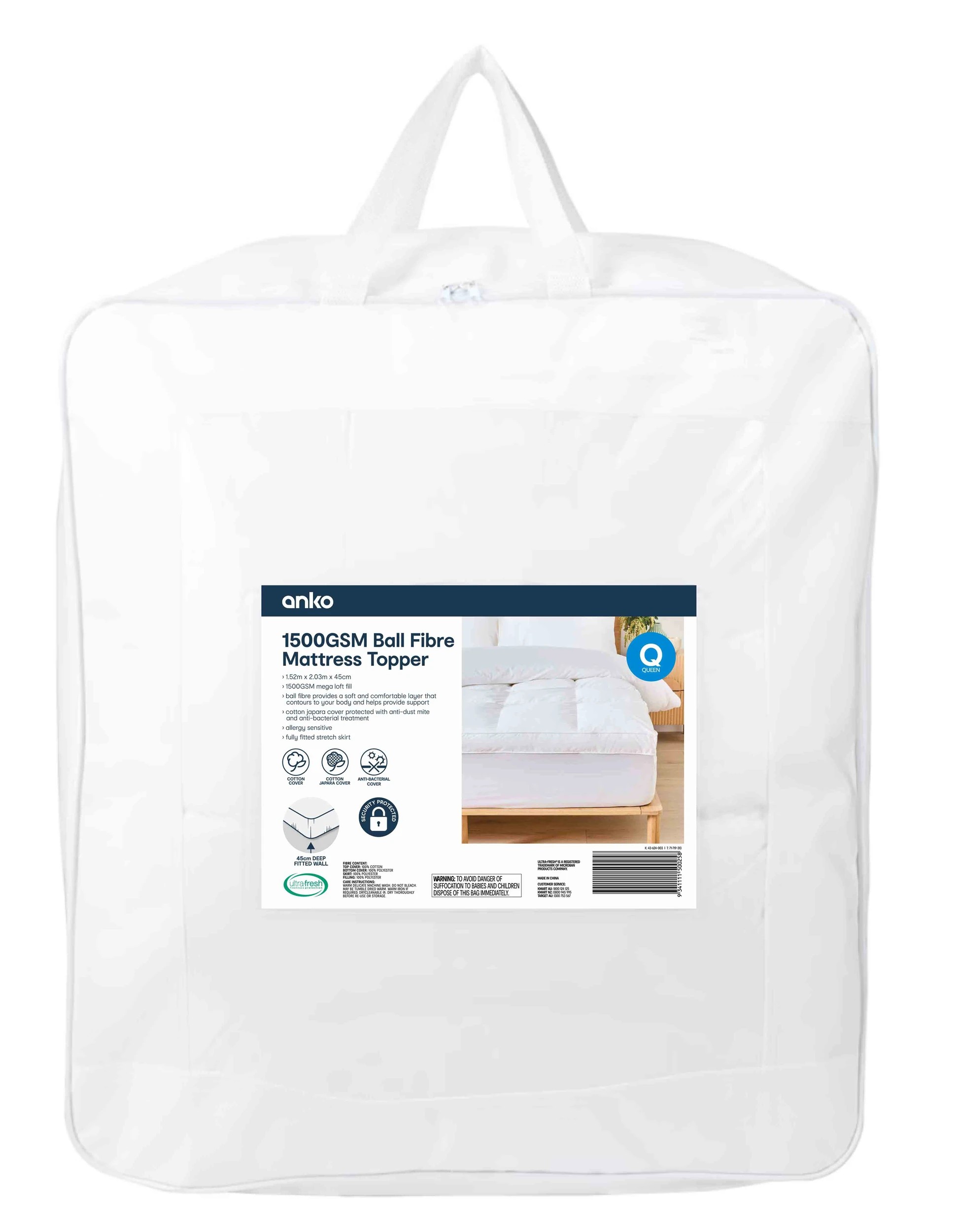 1 1500GSM Ball Fibre Mattress Topper - Queen Bed, 1 of 6