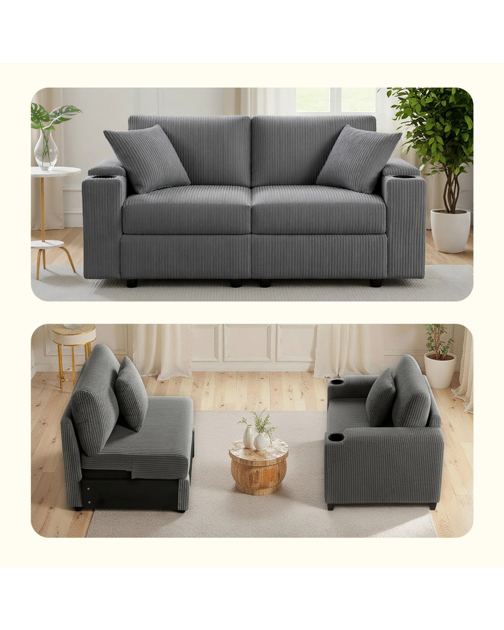 3 Advwin 182cm 2 Seater Sofa Corduroy Modular Lounge Couch w/ Storage Armrests & Cup Holder, 3 of 9