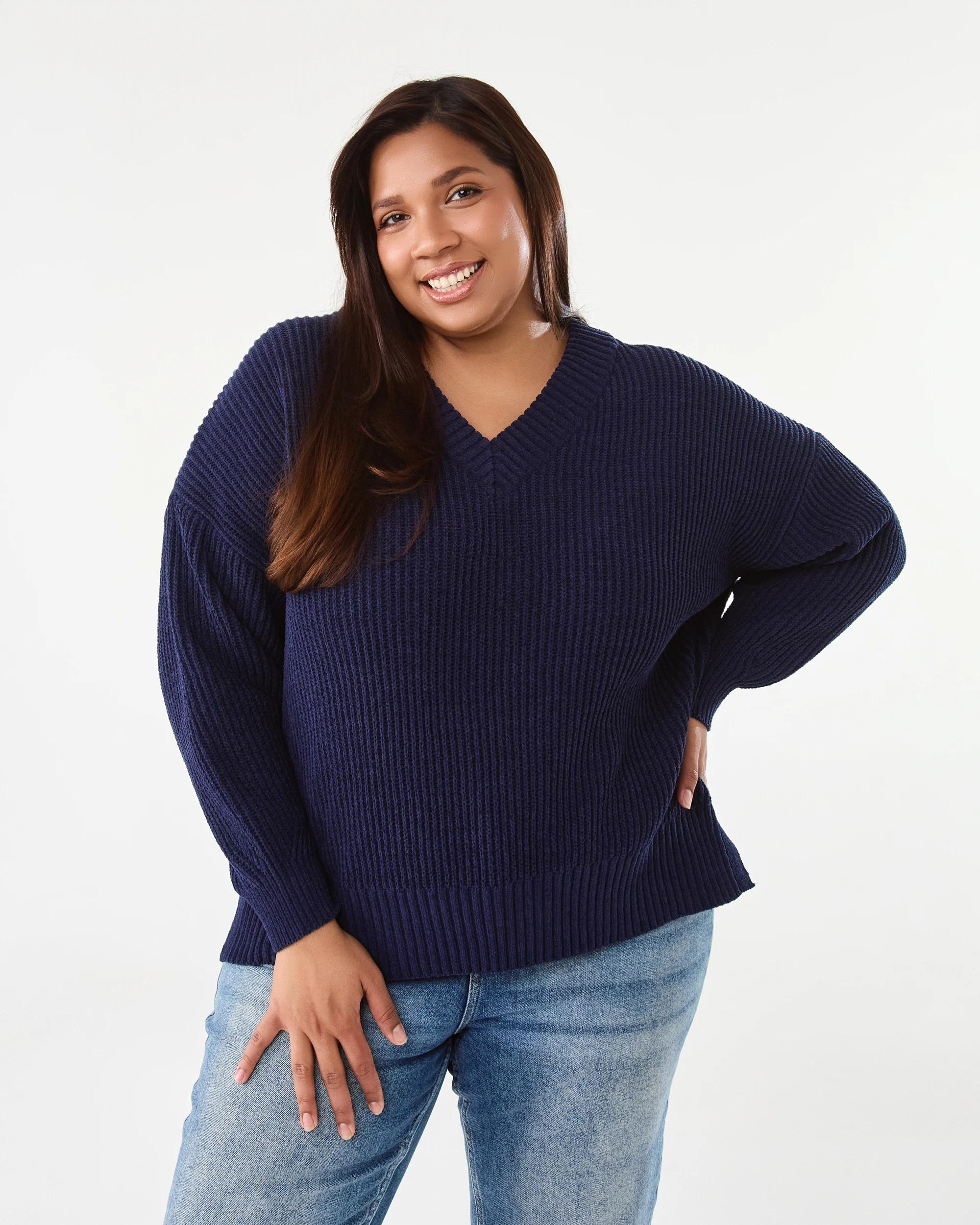 1 Curve Long Sleeve V-neck Chenille Jumper Blu Pcoat, 1 of 7