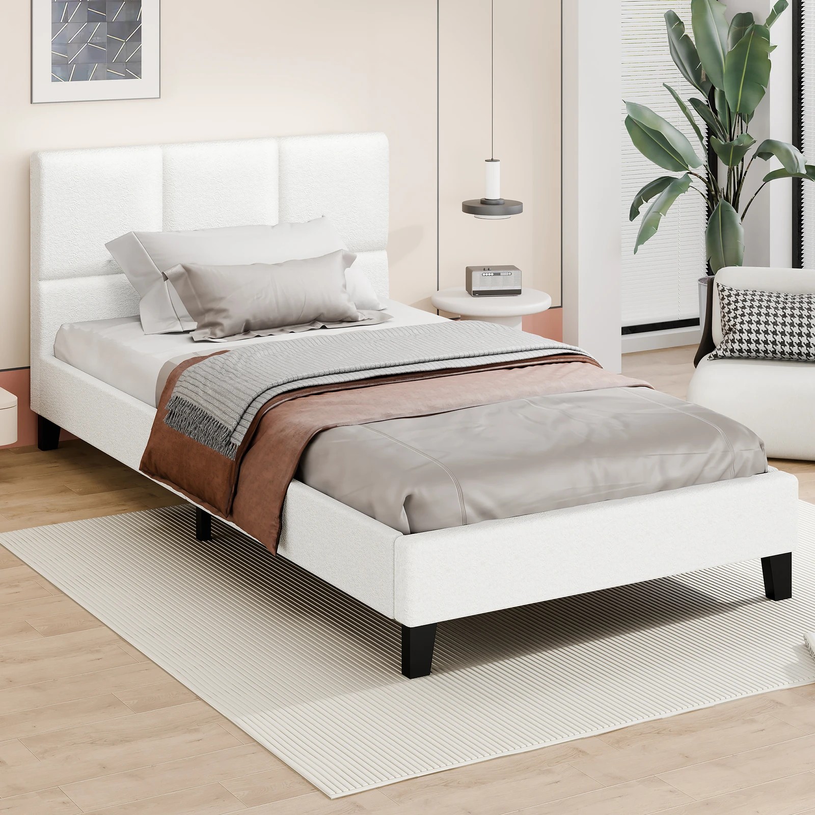 9 Alfordson Bed Frame Single Size Wooden Platform Mattress Base Boucle Fabric - White, 9 of 10