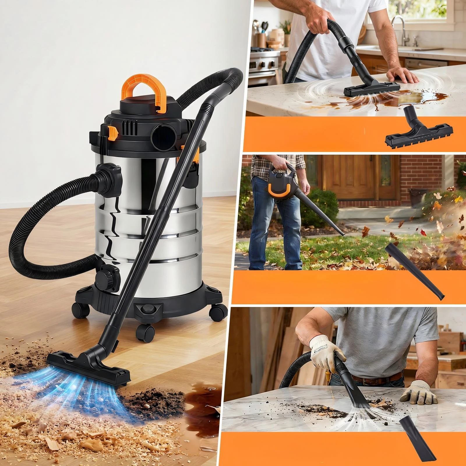 2 Advwin 30L Wet and Dry Vacuum Cleaner with Handheld Blower Wide and Crevice Nozzle Hose - Silver, 2 of 7