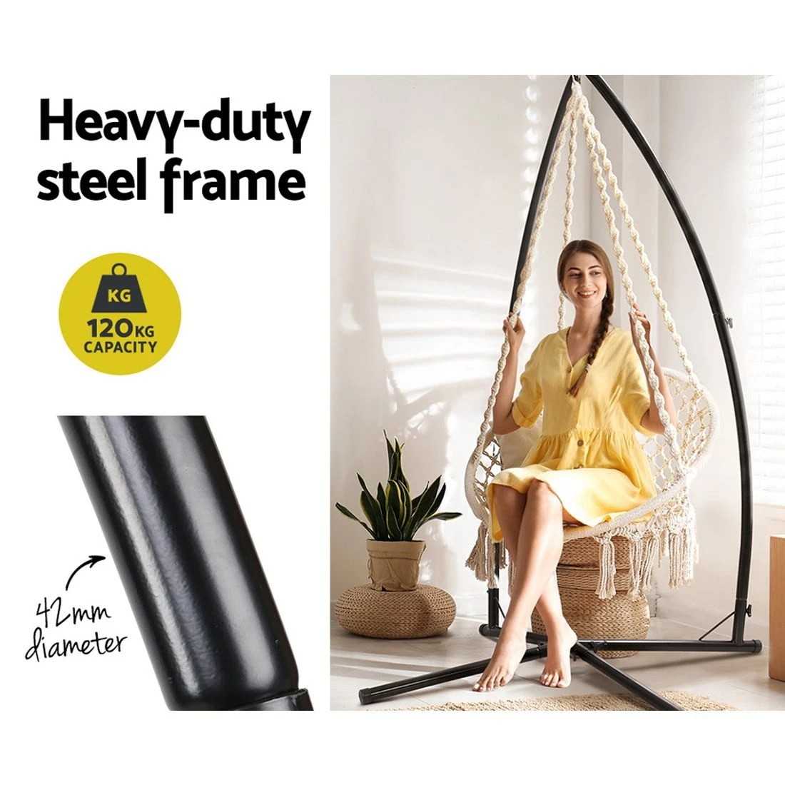 3 Gardeon Hammock Chair with Steel Stand Macrame Outdoor Swinging Cream - Multi, 3 of 6