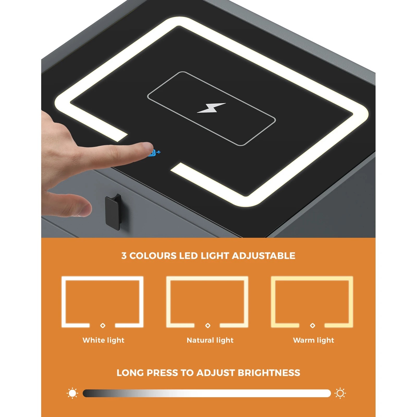 3 Oikiture Smart Bedside Table Wireless Charging Led 2 Drawers Nightstand
 - Grey, 3 of 10