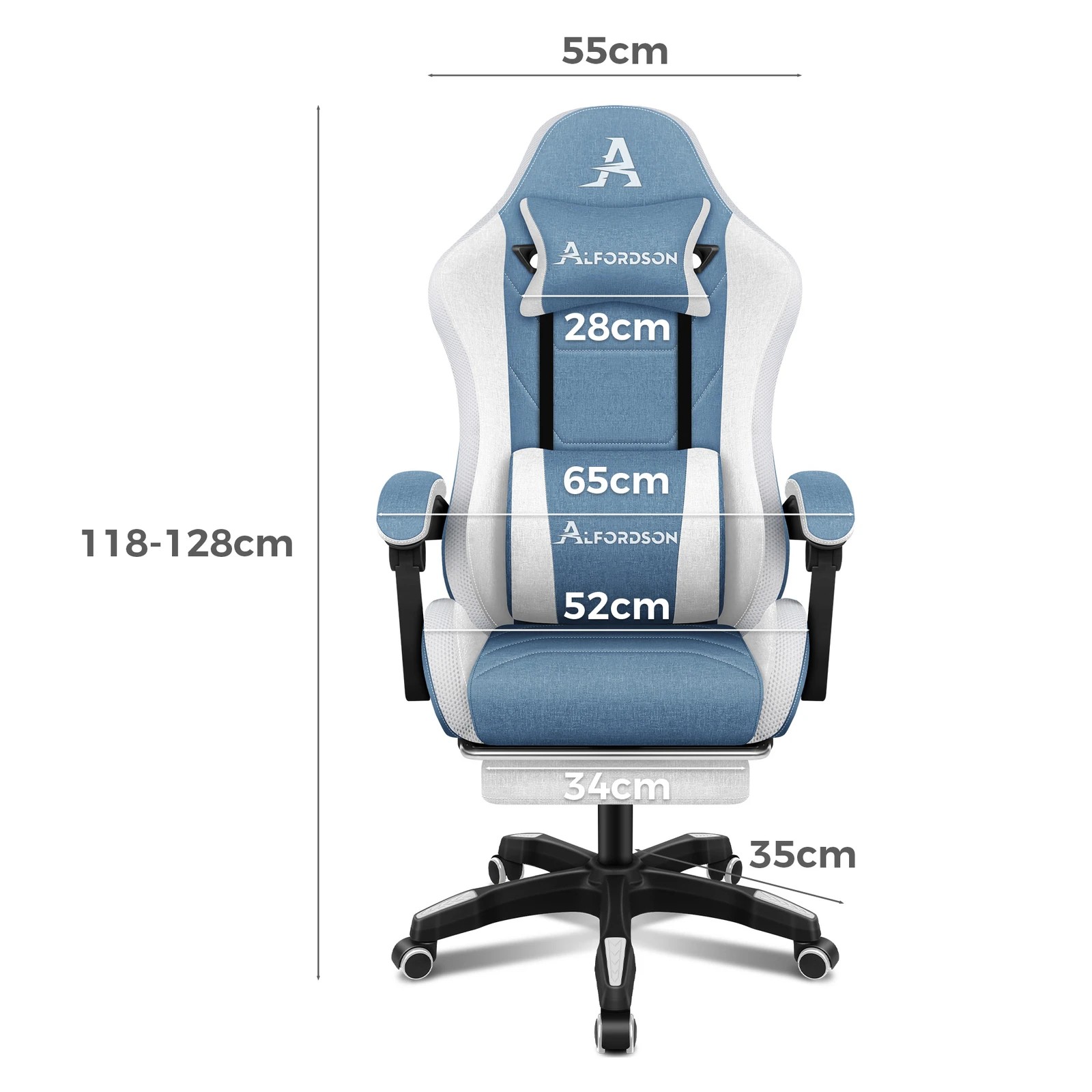 6 Alfordson Gaming Chair Office Massage 12 RGB LED Computer Seat Fabric - White Blue, 6 of 10