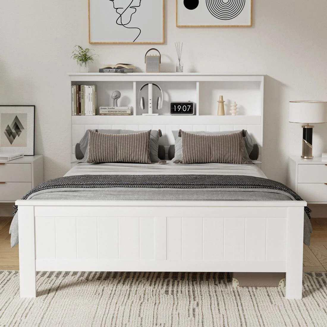 10 Artiss Bed Frame Double Size en with 3 Shelves Bed Head - White, 10 of 10