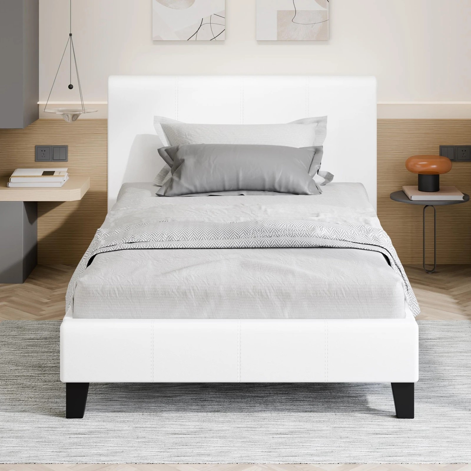 7 Alfordson Bed Frame Single Size Mattress Base Wooden Platform Leather - White, 7 of 10