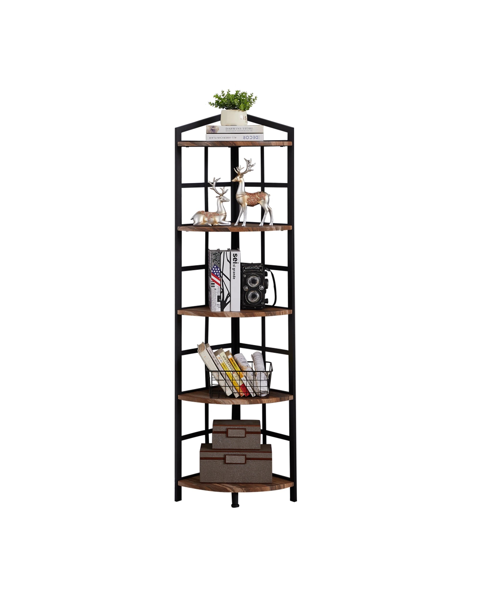 1 IHOMDEC 5 Tier Corner Bookshelf - Brown, 1 of 8