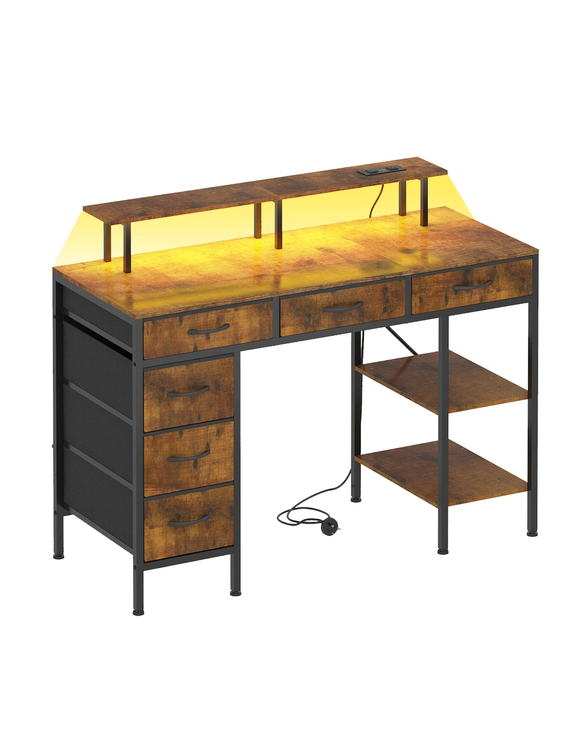 1 Advwin Computer Desk with LED Lights & Power Outlets, 120cm Gaming Desk with 6 Fabric Drawers, 1 of 9